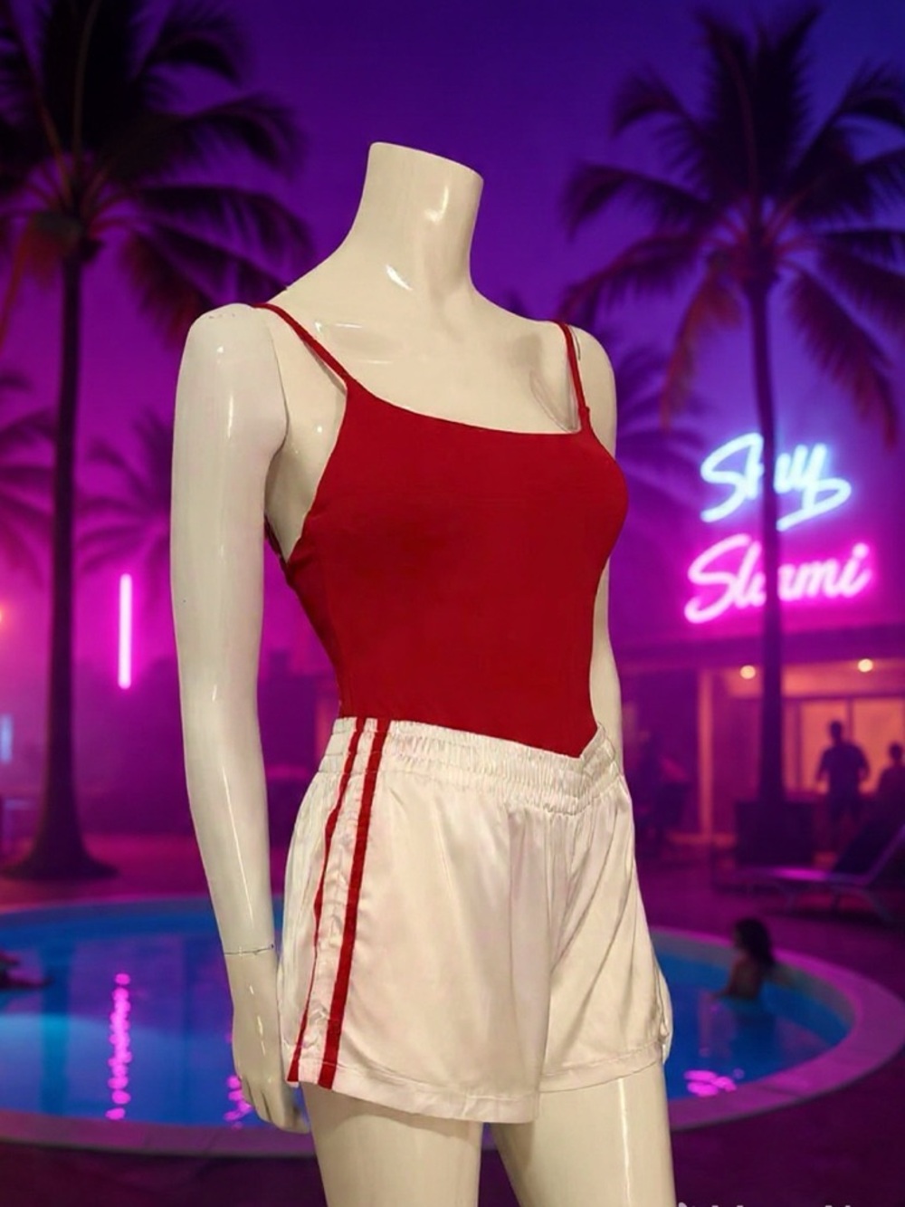 Red one piece swimsuit with matching shorts